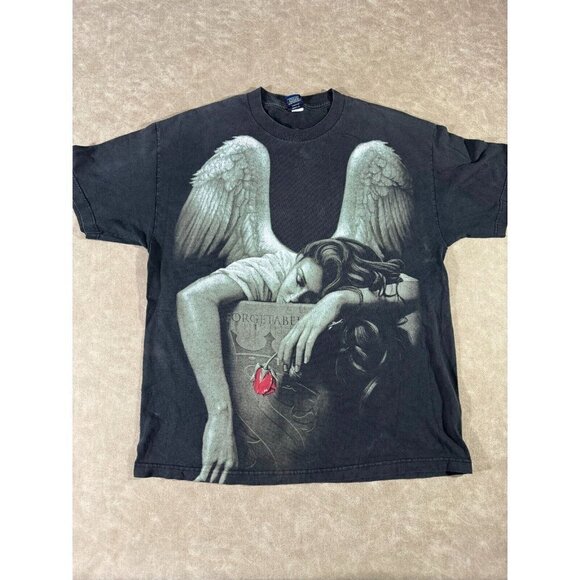 OG Abel Mens Fallen Angel Forgetabel Graphic Print Shirt Crew Neck Black Size XL - Picture 1 of 9